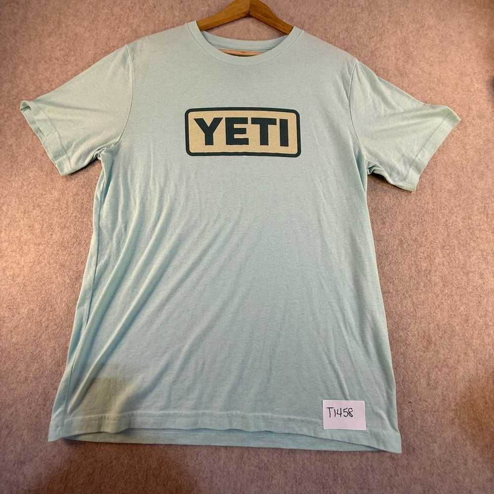 YETI Mens Logo Graphic T-Shirt Light Blue Heathered Tri-Blend Medium